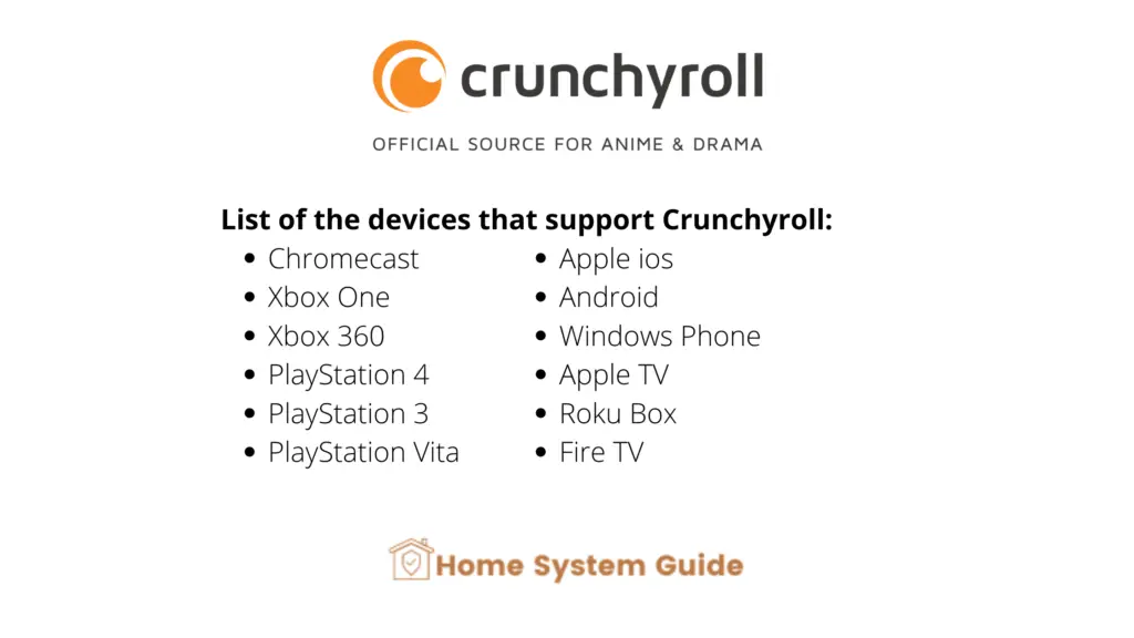 List of the devices that support Crunchyroll

Chromecast
Xbox One
Xbox 360
PlayStation 4
PlayStation 3
PlayStation Vita
Apple ios
Android
Windows Phone
Apple TV
Roku Box
Fire TV